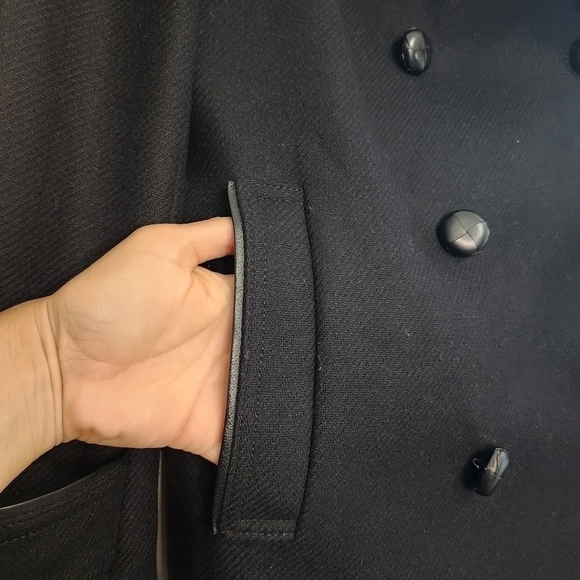 Theory Black Wool Double Breasted Loan Coat Peacoat Contrast Trim - Picture 6 of 12